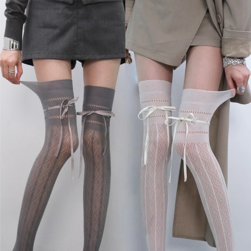 Neues Riemen-Design Grau-Weiße Lange Socken Damen Sexy Sommer Dünne Netzstrümpfe Overknee-Strümpfe