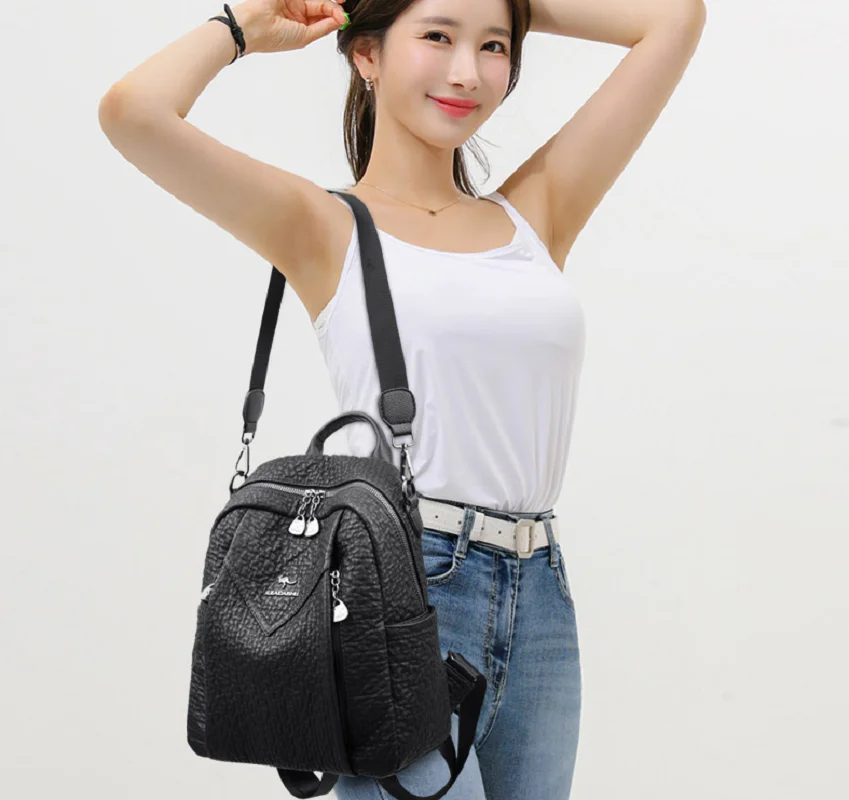 Bolsos de hombro con doble cremallera de cuero suave de gran capacidad de lujo, mochilas de viaje a la moda para mujer, bolso escolar, mochila cruzada