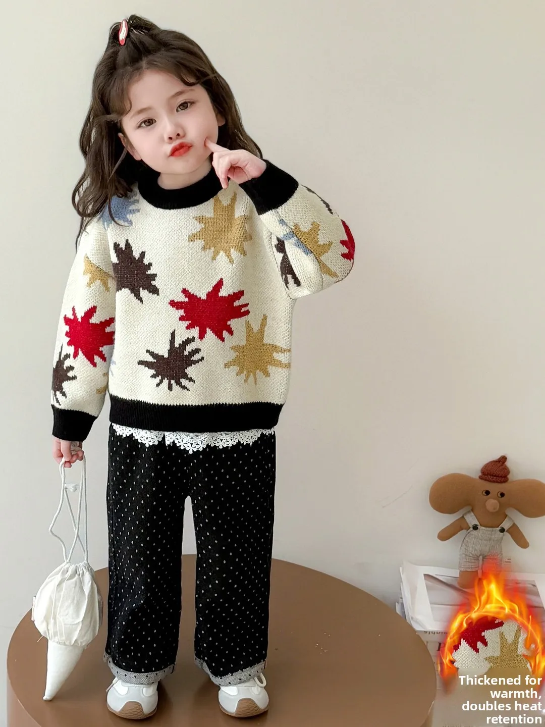 Thiened suéter de malha para meninas redondo ne overhead design de desenho animado outono inverno novo sle base de lã quente irt