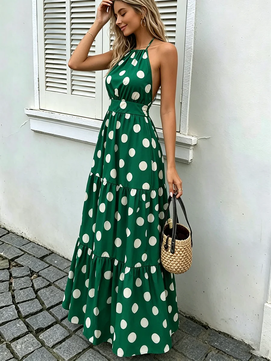 Strandkleid mit Neckholder-Ausschnitt, gestuft, grün-weiß gepunktet, Maxikleid, Sommerkleid für Damen, Urlaub & Alltag – Detail 3