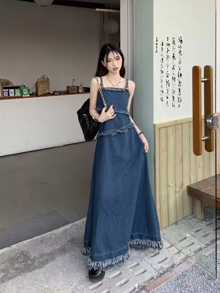 

Женское летнее платье Miss Gong Long Svel A-Line из денима с рваным краем, свободного кроя, в корейском стиле, однотонное, для повседневной носки