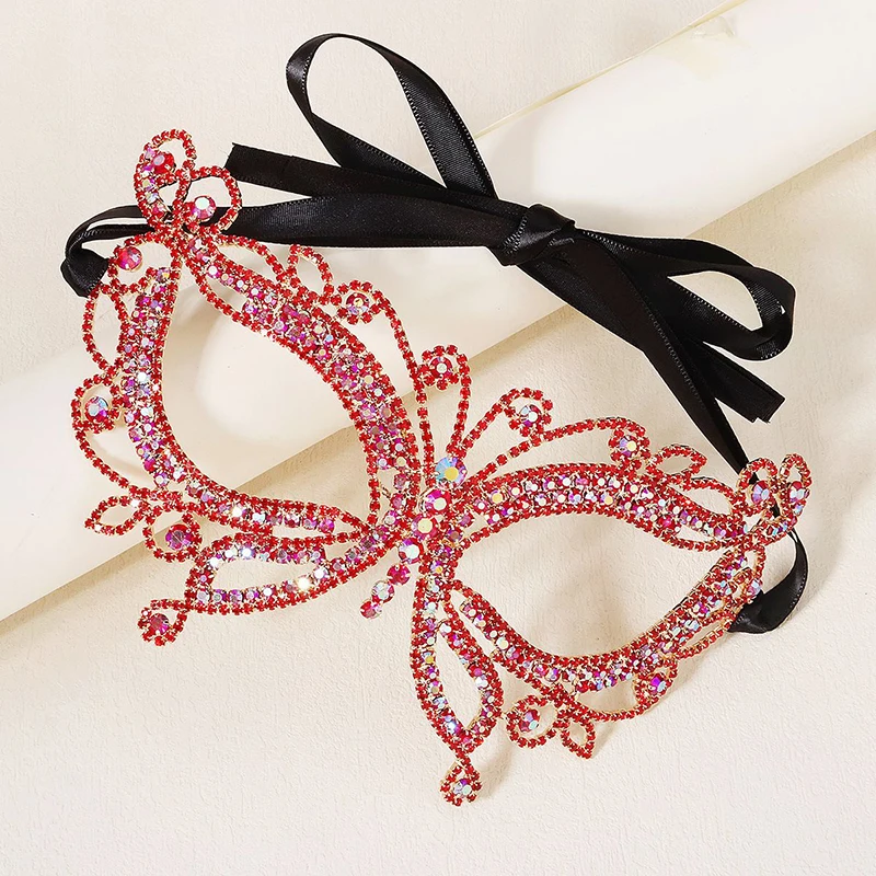 Butterfly Rhinestones Women Masquerade Masks Shiny Jewelry Accessories Elegant Stage Catwalk Carnival Cosplay Evening Prom Red