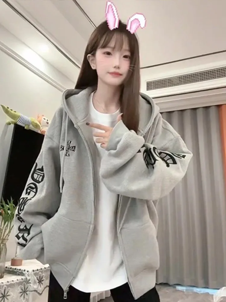 Doux Cool épicé fille brodé collège américain Sle ouvert Cardigan sweat femmes Fce nouveau ample à capuche Jaet