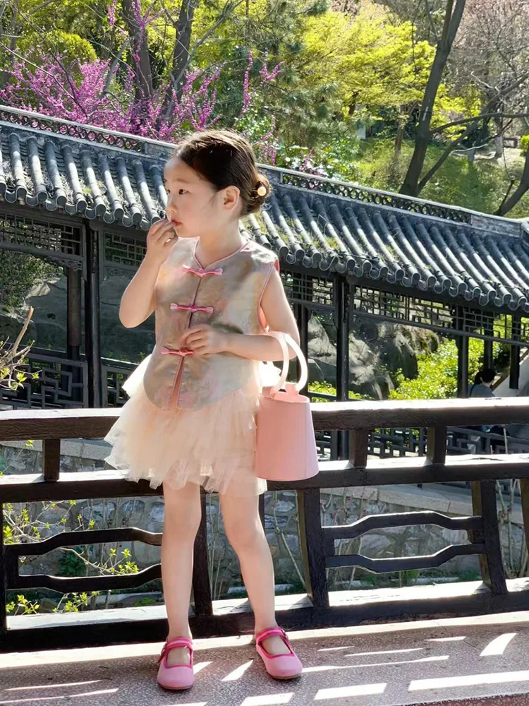 

New Chinese Style2024Summer New Girls' Floral National Style Buckle Vest Trendy Mesh Puffy Two-Piece Overskirt Suit