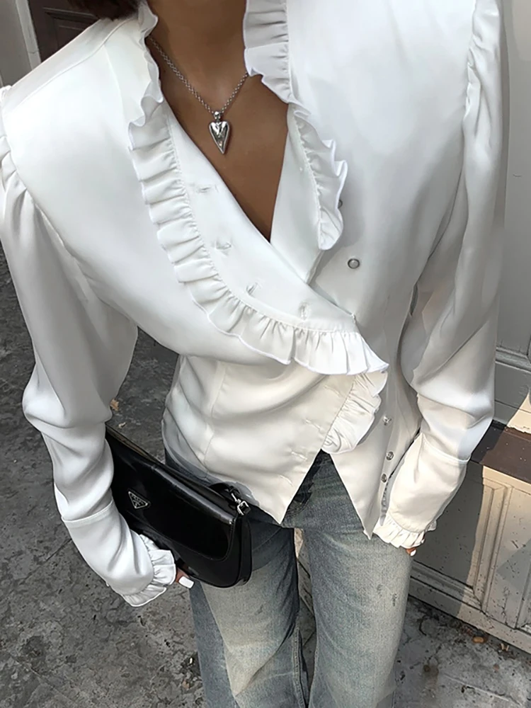 Fantoye Autumn New Round Neck Ruffles Women Shirt White Long Sleeve Single Breasted Shirt Female French Elegant Streetwear 2023