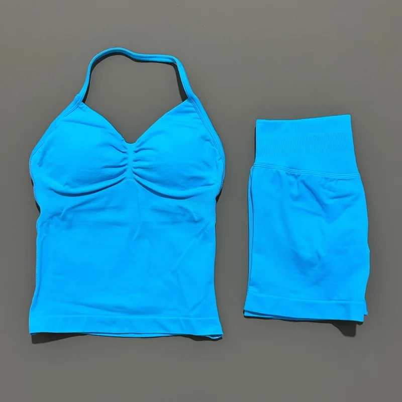 Yoga 2-delige gymset Dames Backless Halter Tops Hoge taille Naadloze shorts Gympak Fitness Sportbeha's Sportkleding Workout-sets