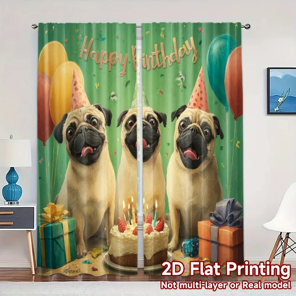 2pcs, 2D FLAT PRINTING Curtains (Without Rod) Pug Party Bliss Popular Curtains&Window Treatment Machine Washable Fabric Curtains