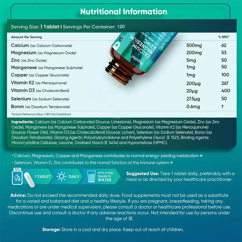 Calcium, Magnesium, Zinc and Vitamin D for Strong Bones & Nervous System Health & Promotes Cell Growth