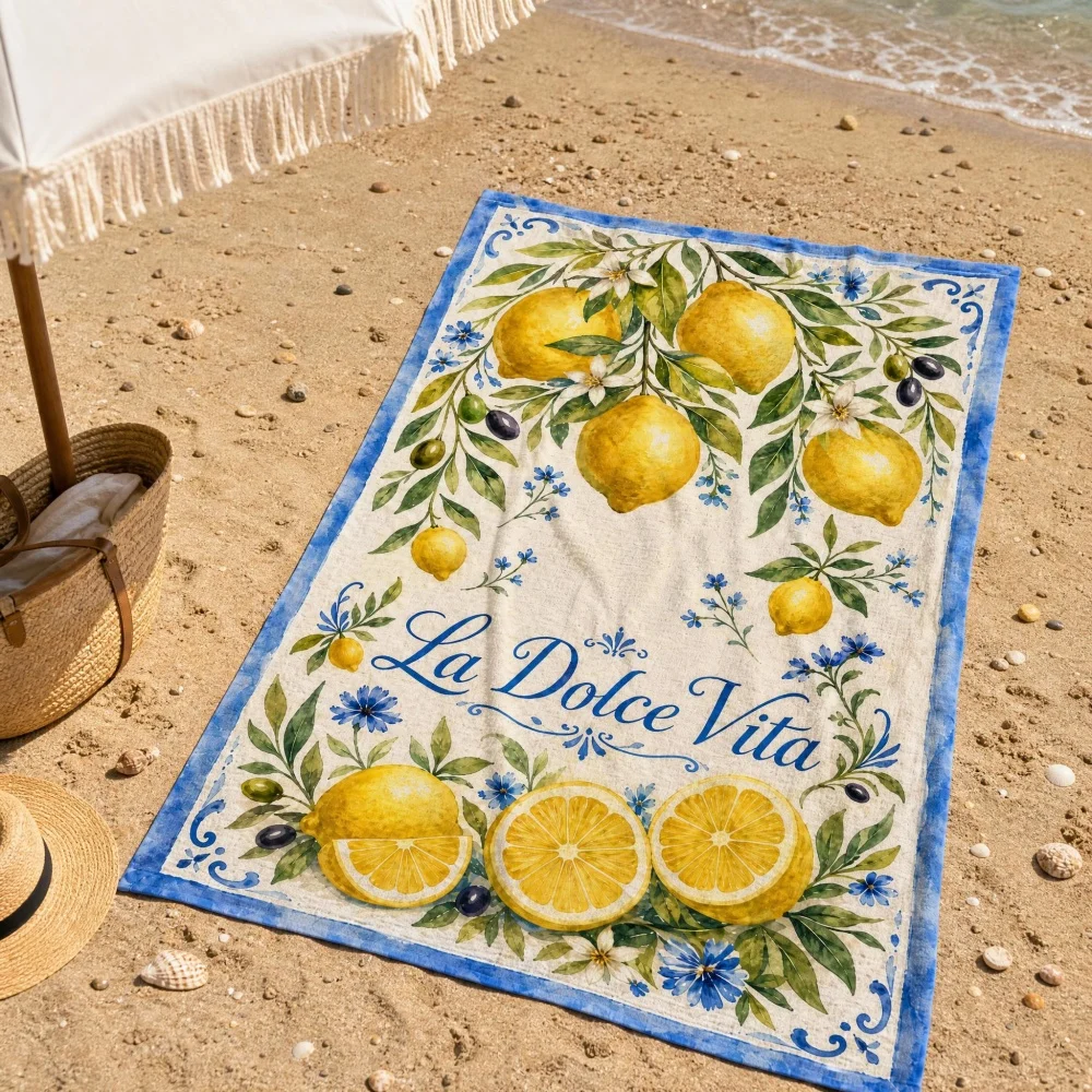Lemon Print Beach Towel Italian Mediterranean Blue Floral Olive Pattern Large Microfiber Quick Dry Swim Pool Travel Bath Blanket