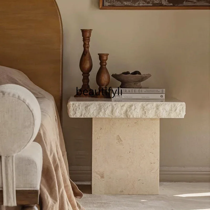 

Natural travertine square sofa edge few designer light luxury living room bedside table small coffee table6239