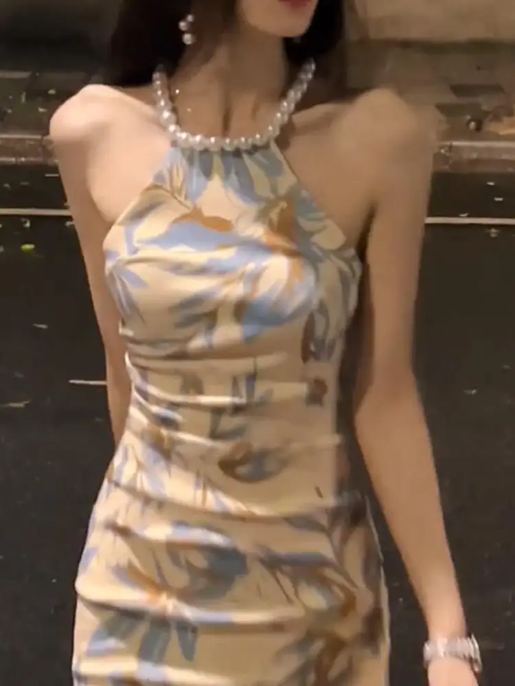 

Elegant Printed Floral Tight Beading Hanging Neck Tube Tank Mid Dress Summer Women Wrap Hip Slim Off Shoulder Party Dress