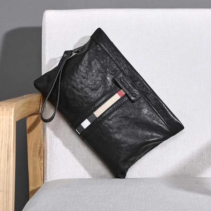 SENOFAN Men\'s Clutch Bags Cow Real Leather Patchwork Big Soft Hand Bag For Male Korean Wallets Clip Envelope Bag Zipper Black