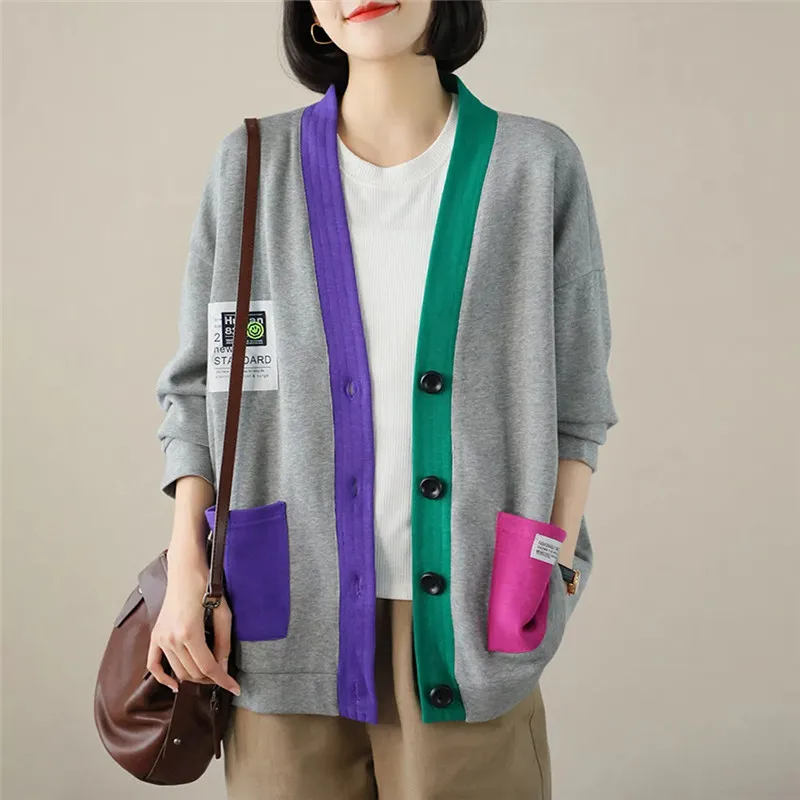 2023 Spring Autumn Pocket Knit Cardigan Literature Art Contrast Color V-Neck Long-Sleeved Knitwear Tops Loose Sweater Coat Woman