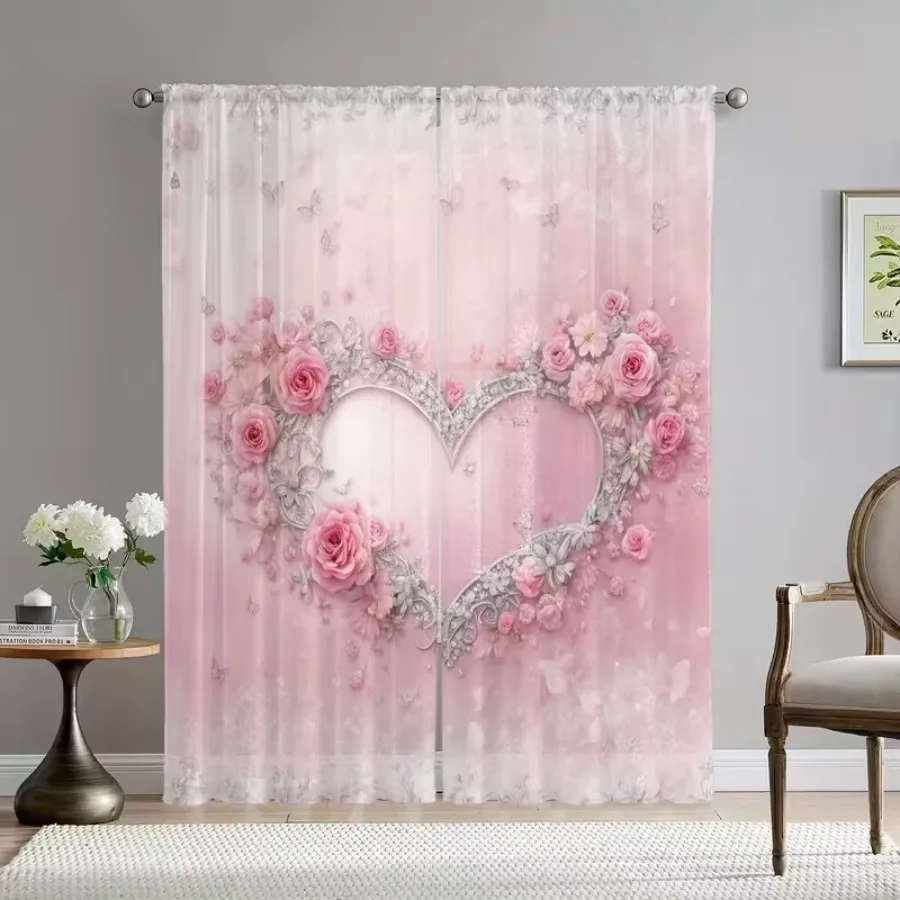 2PCS Digital Print Sheer Curtains, Heart Shaped Pink Roses, Romantic Valentine Floral Love for Bedroom Living Room Home Decor