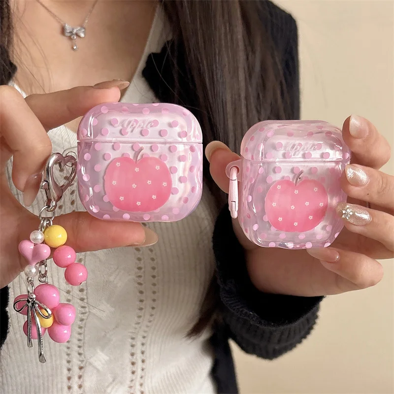 

Kawaii Pink Apple earphone Case with Bead Keychain for Airpods 1 2 3 4 Pro Pro2 Pro3 Soft IMD Shockproof Cover