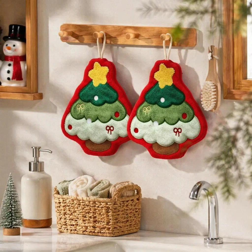 Christmas Hanging Hand Towels for Bathroom Christmas Tree Kitchen Towels with Loop Absorbent Soft Santa Gingerbread Decorative