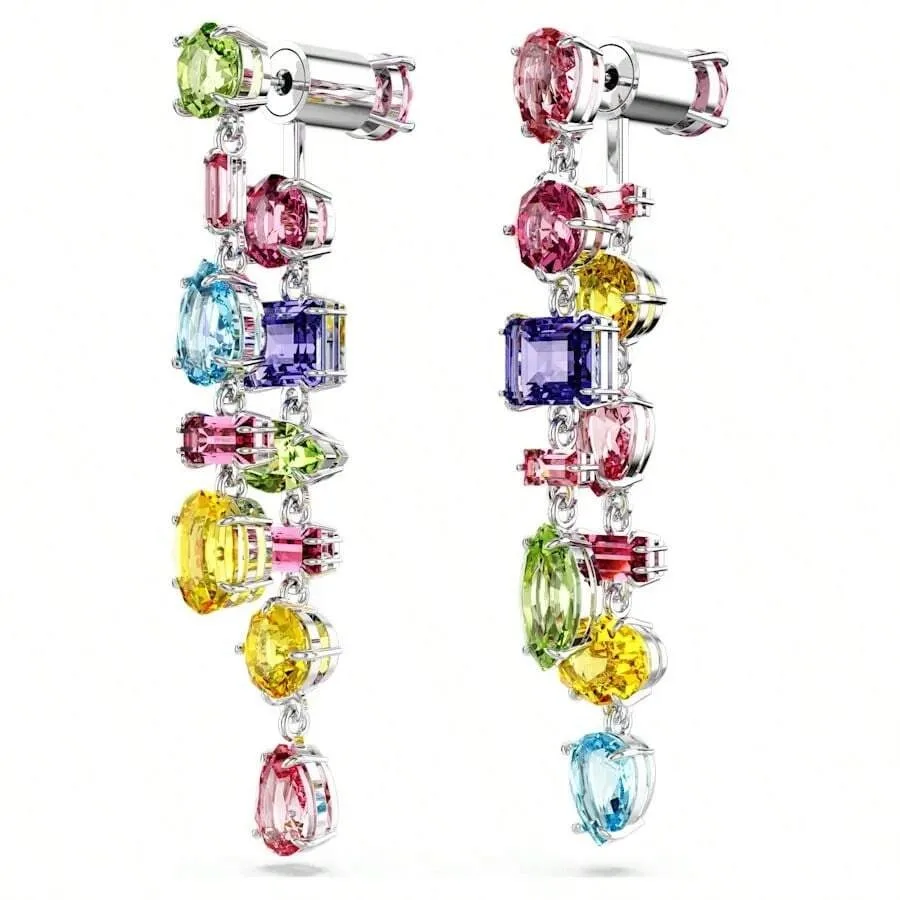 

-Inspired Multi-Color Crystal Long Dangle Earrings, Silver Plated Statement Drop Earrings
