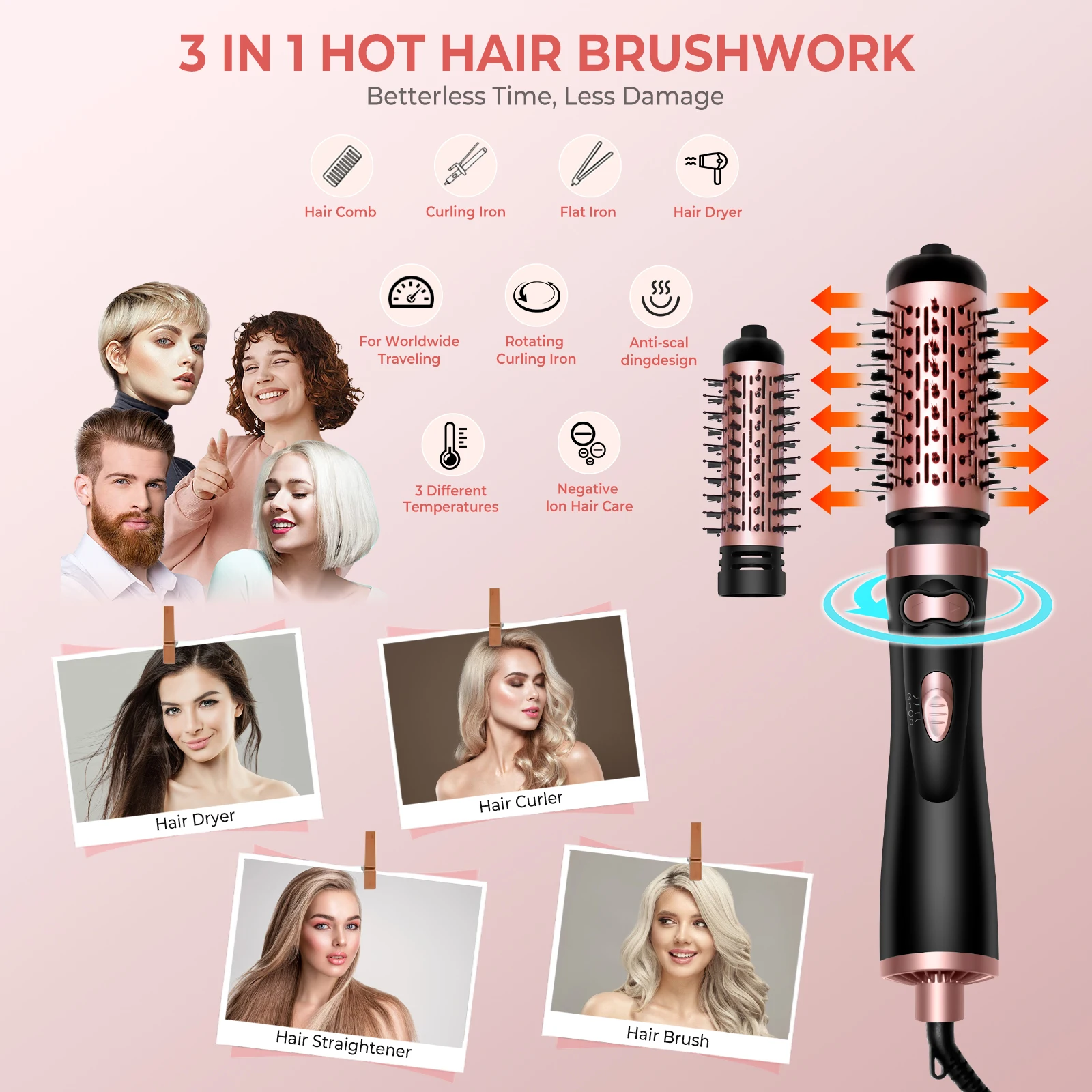 Hair Dryer Brush 2 In 1 Hot Air Spin Brush Curling Straightening Styling Auto-Rotating Ionic Round Blow Dryer Volumizer