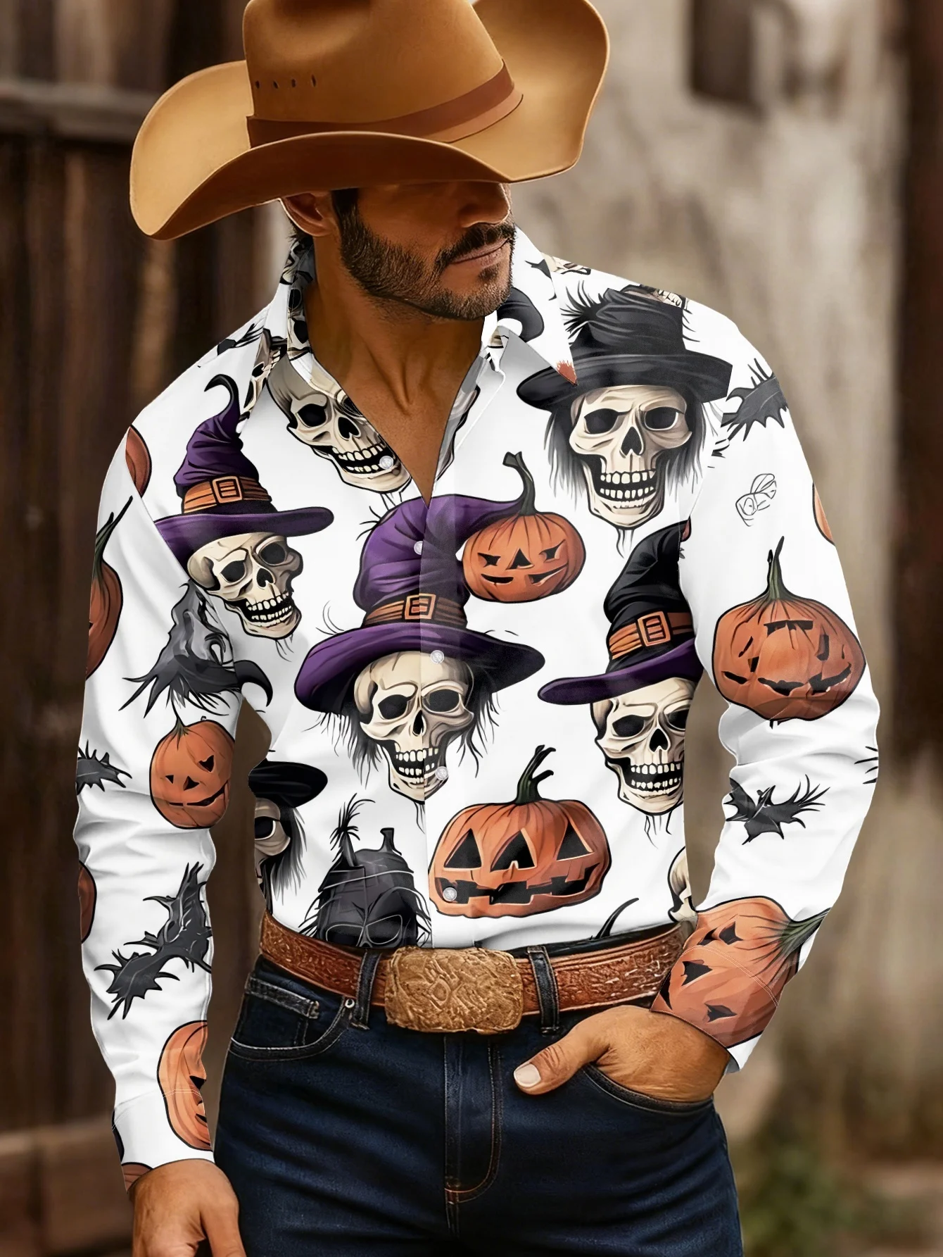 Men Halloween Witch‑Hat Skull Pumpkin Bat Print Long Sleeve Shirt Lapel Collar Button‑Up Polyester Party Blouse