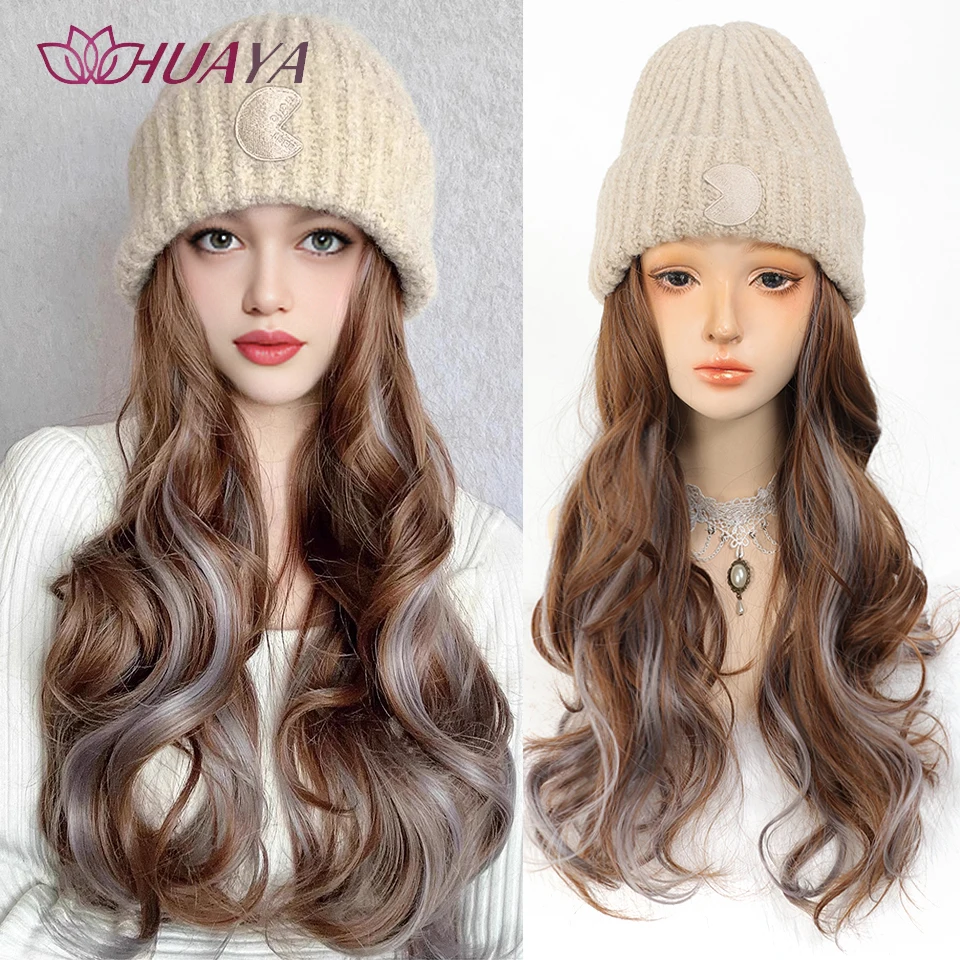 HUAYE Hat Wig One-piece Women's Fashion Autumn Winter Knitted Hat Long Wavy Hair Full Head Long Curly Wig Hat