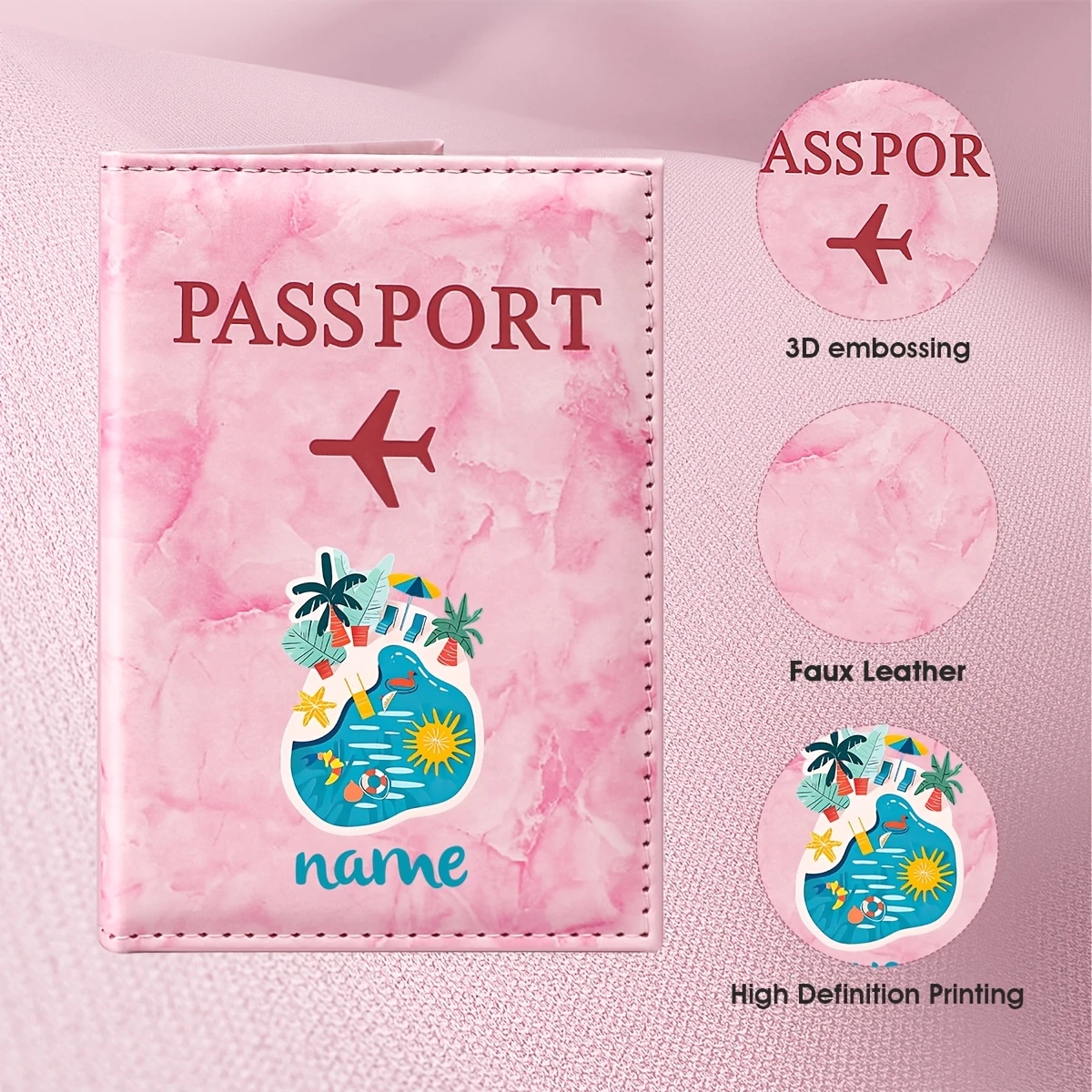 Custom Name Summer Beach Style Illustration Design PU Passport Holder, Featuring Palm Trees, Sun, Waves, and Sand Elements