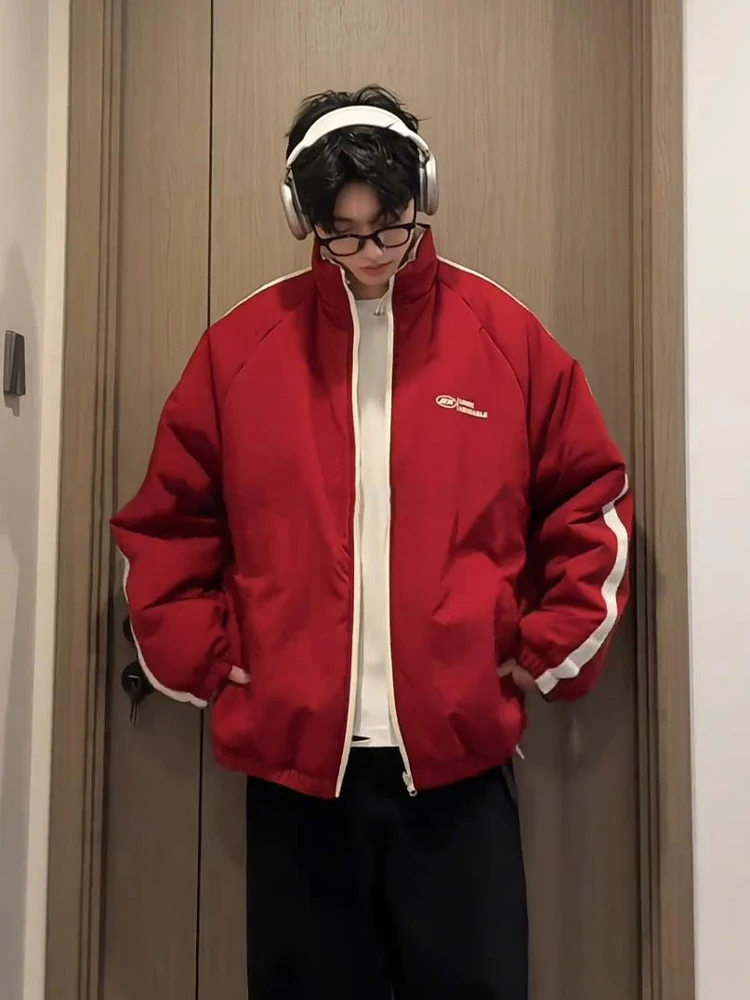 

Cisas Red Double-Sided Wearable Men's down Jaet American High Street Sle Stand Collar Couple's Outerwear Coat