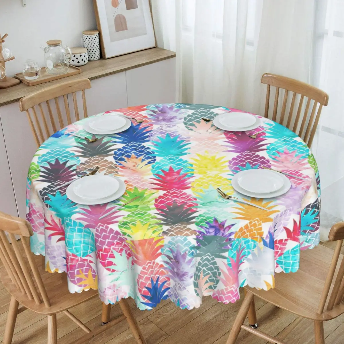 Customized Round Hawaiian Pineapple Pattern Tropical Watercolor Tablecloth 60 inch Kitchen Table Cloth Spillproof Table Covers