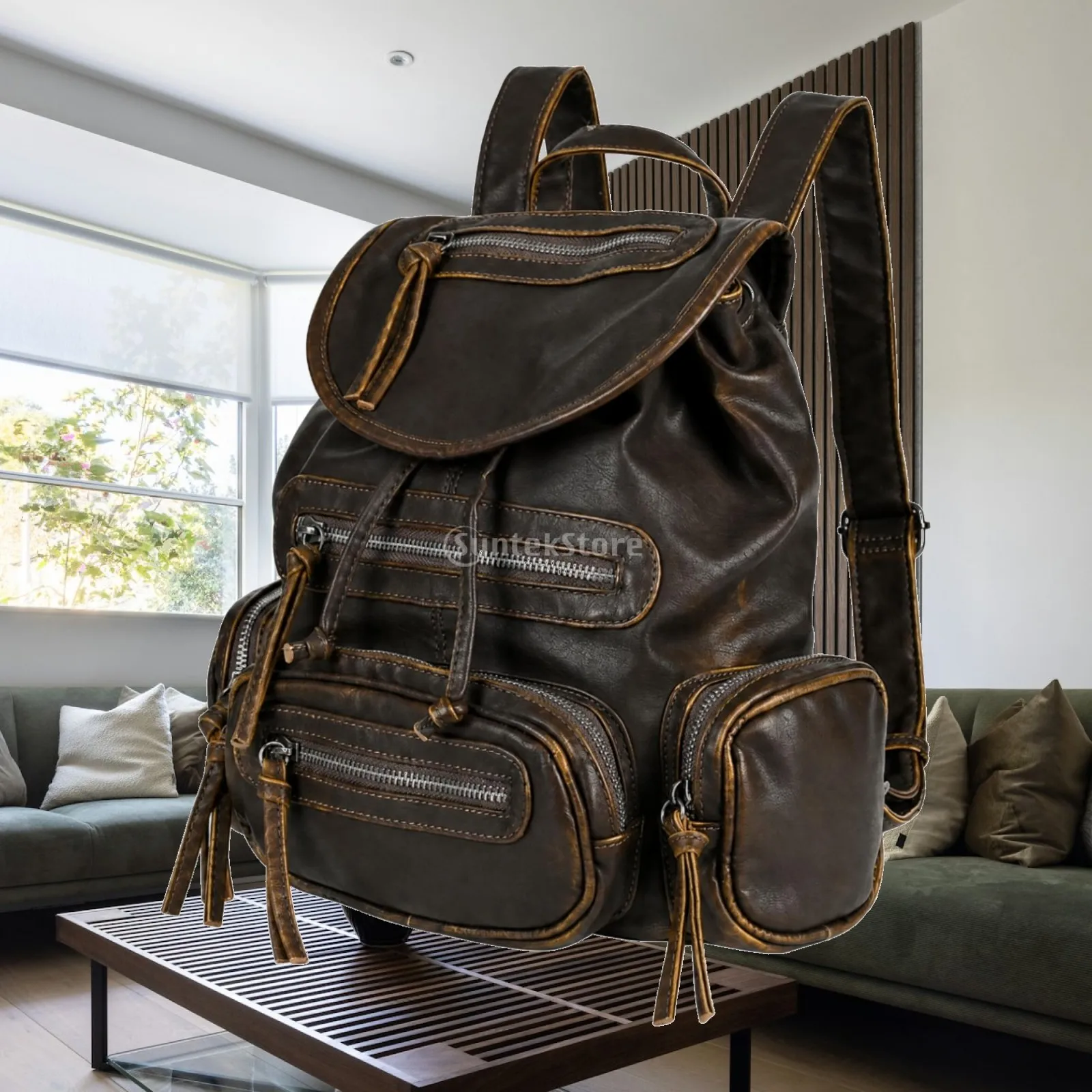 Women Travel Rucksack PU Leather Casual Backpack with Flap Drawstring and Multiple Zipper Pockets for Daily Commute