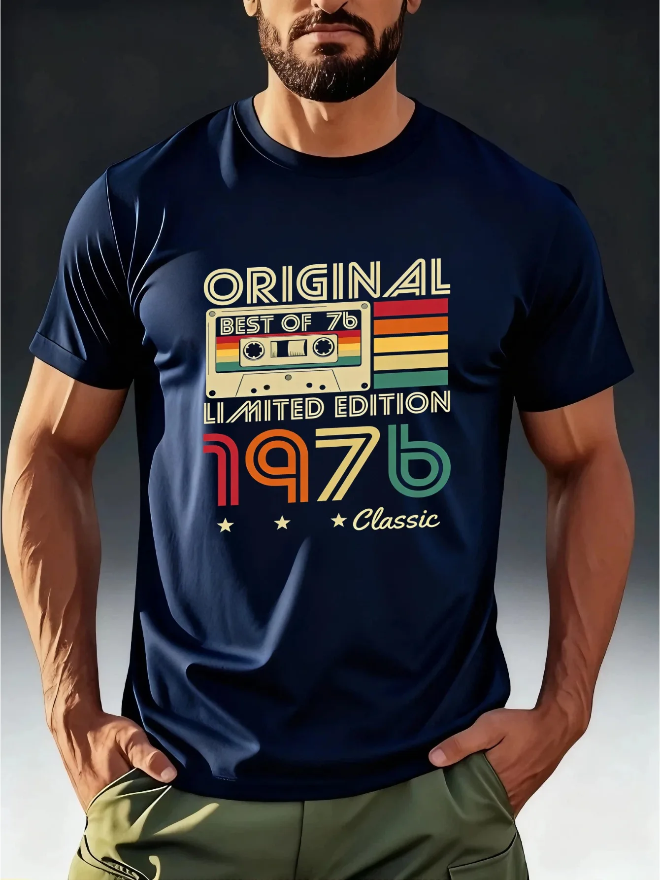 Men's Vintage 1976 Cassette Tape T-Shirt Retro ORIGINAL 1976 Print Short Sleeve Round Neck Tee Clothing Short Sleeve Shirt