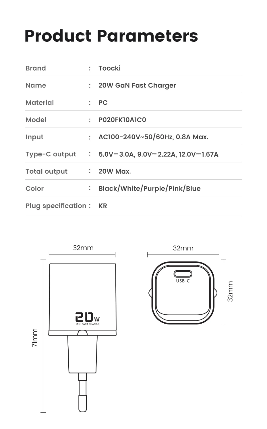 Toocki PD 20W Type C GaN Charger Fast Charging For iPhone 17 16 Pro Max Samsung Xiaomi Mini KR Plug USB-C Charger With 60W Cable