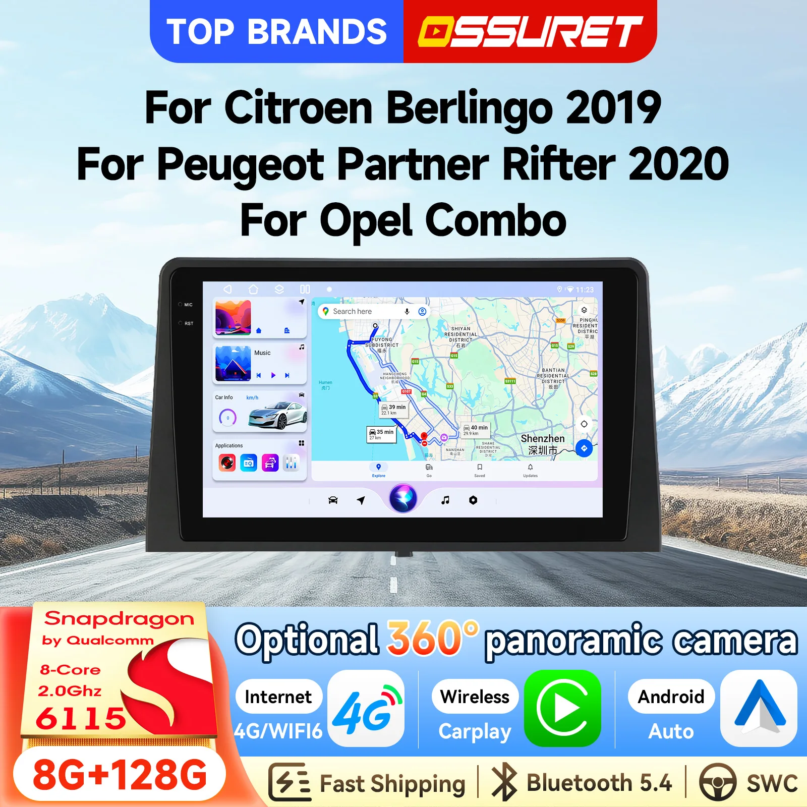 OSSURET Schnelle Lieferung 10,1 Zoll 2 Din Android 15 Autoradio für Citroen Berlingo 2019/Peugeot Partner Rifter 2020/Opel Combo Autoradio GPS-Navigation Bluetooth SWC Wireless Carplay Android Auto