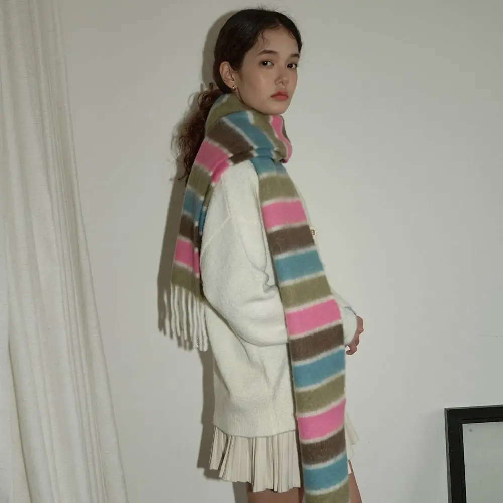 Plush Rainbow Stripe Wool Scarf Cashmere Shawl Wool Scarves Winter Cashmere Scarves Korean Style Scarves Solid Color