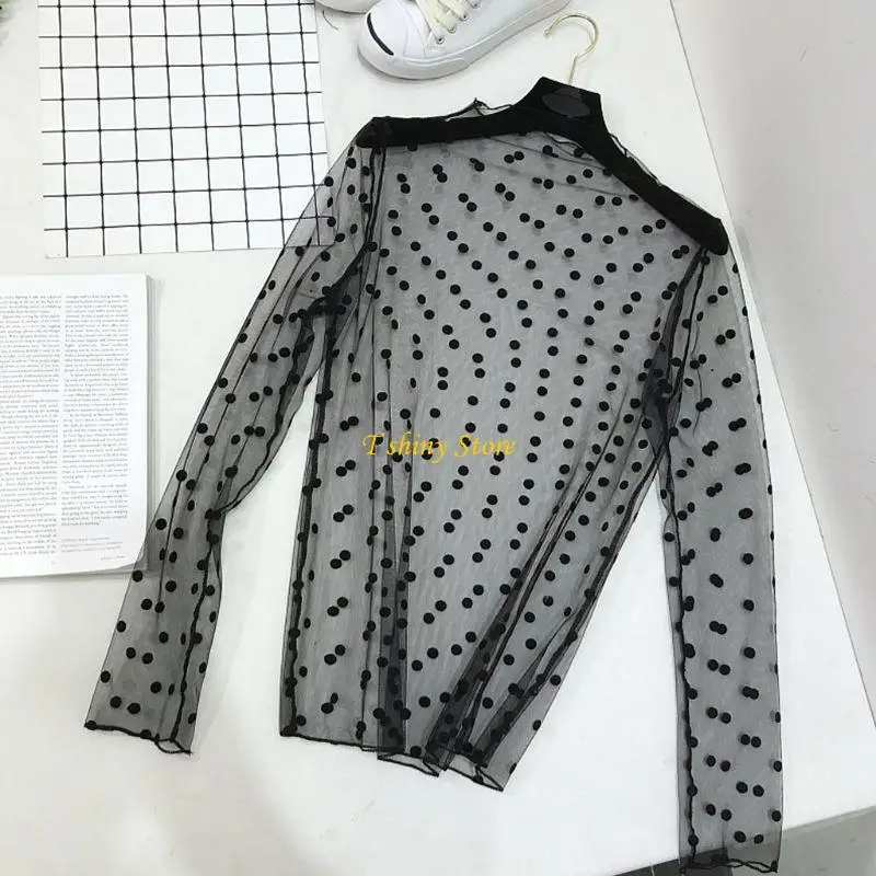 N58F Womens Spring Basic See Through Mesh Bottoming Shirt Hollow Out Lace Snowflake S