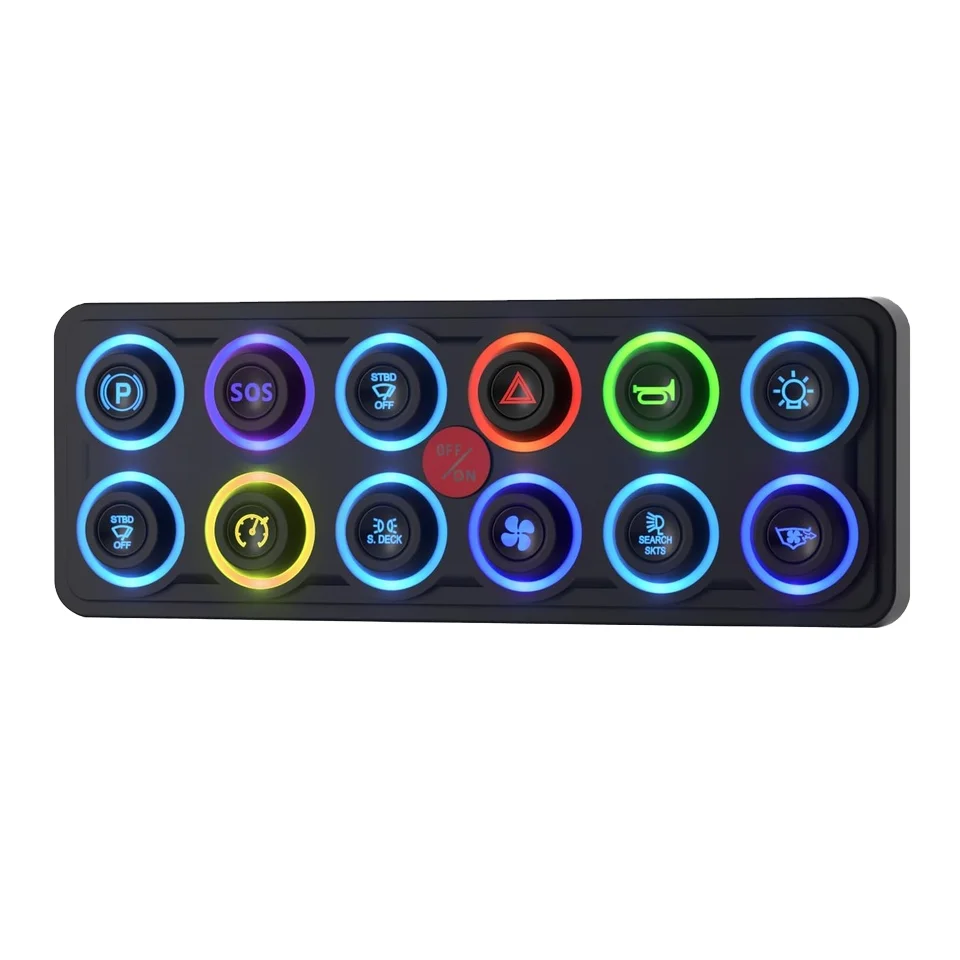 

Intelligent Library 60A 4 Modes 8 Colors Backlight IP68 Waterproof 12V Automotive 12 Gang Led Light Touch Switch Circuit Control