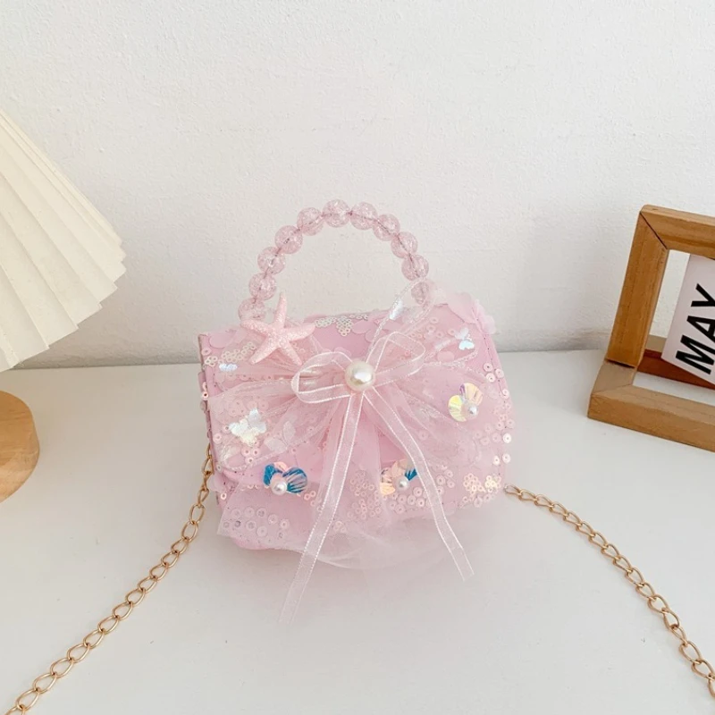 

Милые кружевные сумки на плечо с бантом и блестками для девочек, милая сумка принцессы с морской звездой и бисером, кошелек для монет, детская сумка через плечо с цепочкой