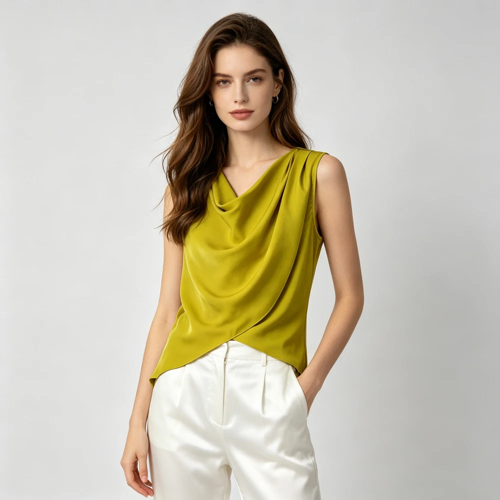 Women's Casual Summer New French Solid 93% Natural Mulberry Silk Elastic Satin Draped Neckline Design Sense Temperament Vest