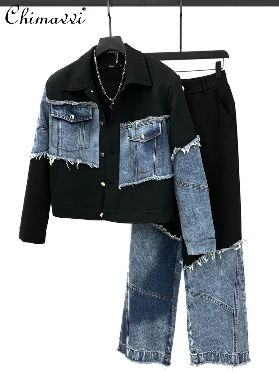 

2026 Spring New Highstreet Stylish Men's Outerwear Sets Denim Patchwork Short Jacket Loose Straight Long Pants Two-Piece Sets