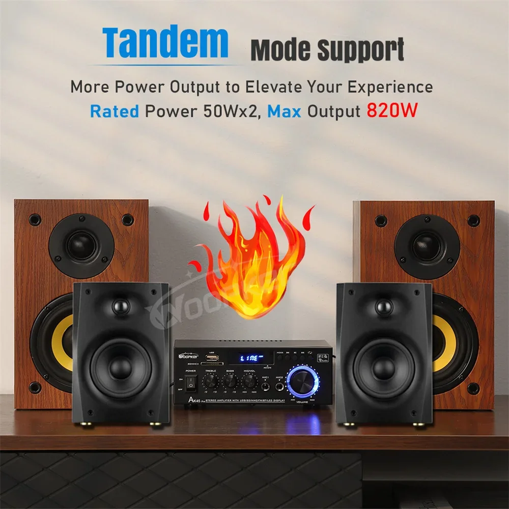 Woopker-AK45 Pro Amplificador de Potência, HiFi Surround Sound, 2.0 Channel Amplificador Digital, Bluetooth 5.0, Suporte FM, USB MIC para Casa e Carro