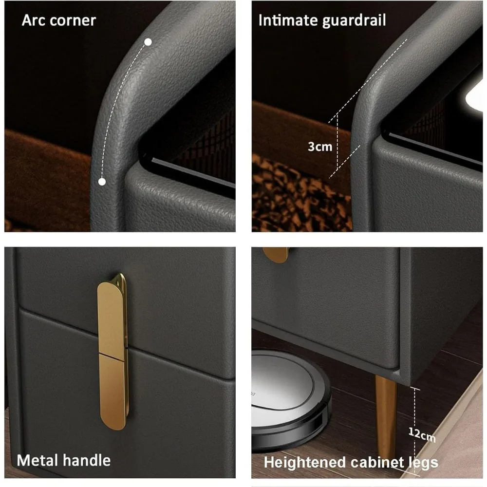 زوج من طاولات السرير الحديثة مع إضاءة قابلة للتعديل ومحطات شحن، ومنضدة مزدوجة لتنظيم غرفة النوم