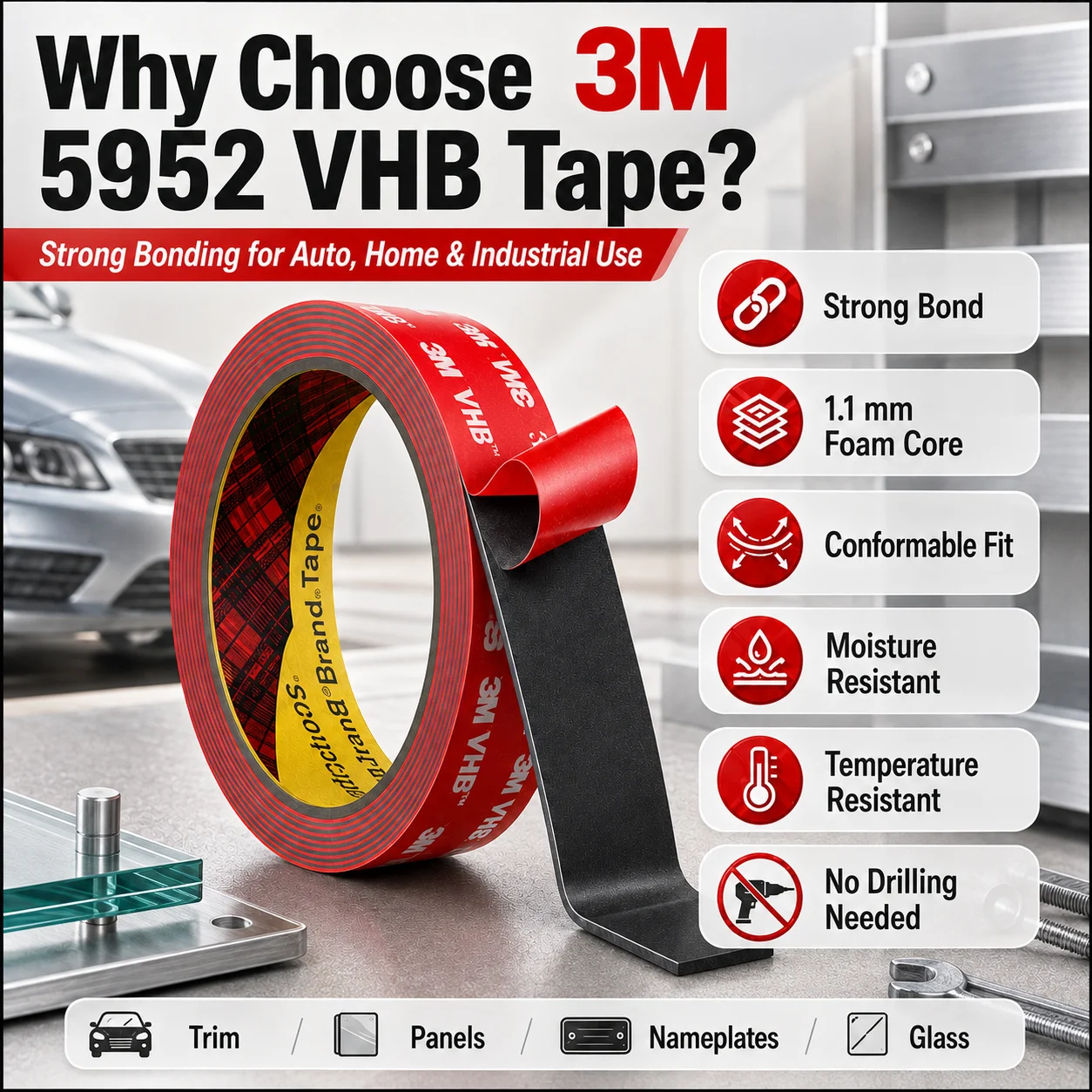 3M 5952 VHB Double Sided Acrylic Foam Tape 1.1mm Strong Bond Mounting Tape for Car Trim Metal Glass Nameplate 6-50mm x 3m