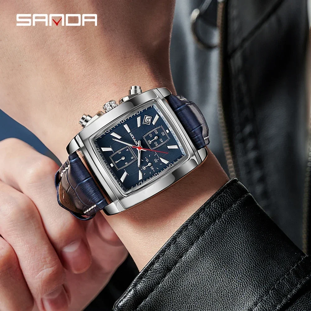 SANDA-reloj analógico de negocios para hombre, cronógrafo de cuarzo rectangular luminoso con correa de cuero elegante para deporte y trabajo