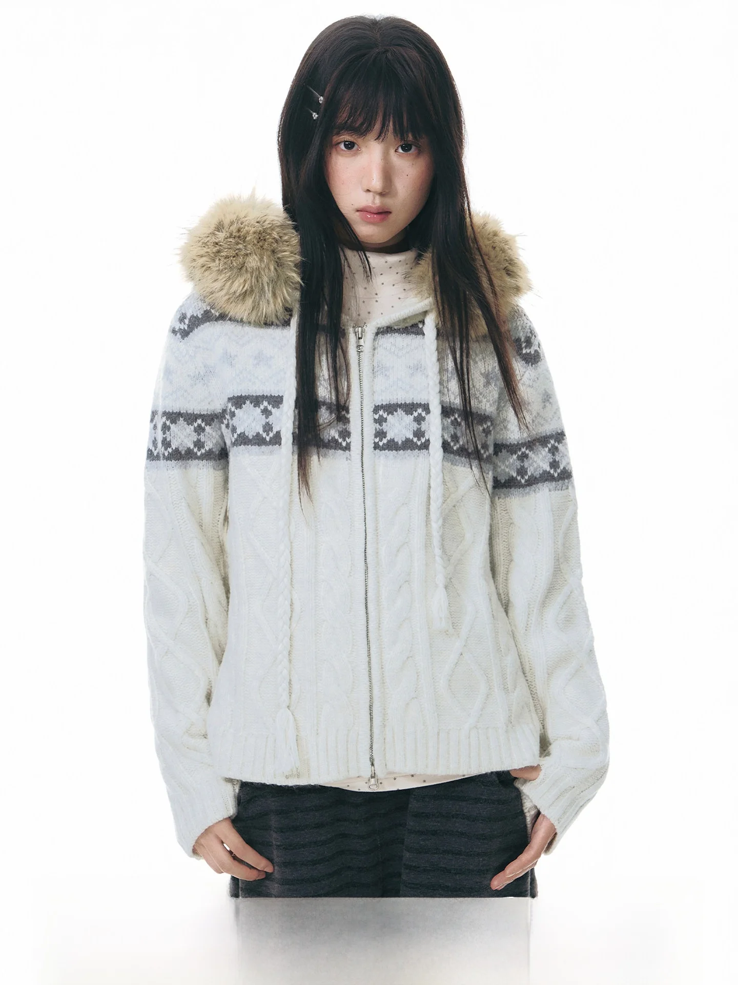 

NAPSNAPS Оригинальный вязаный свитер-пальто Fair Isle для женщин, новая зимняя утепленная вязаная верхняя одежда с меховым воротником