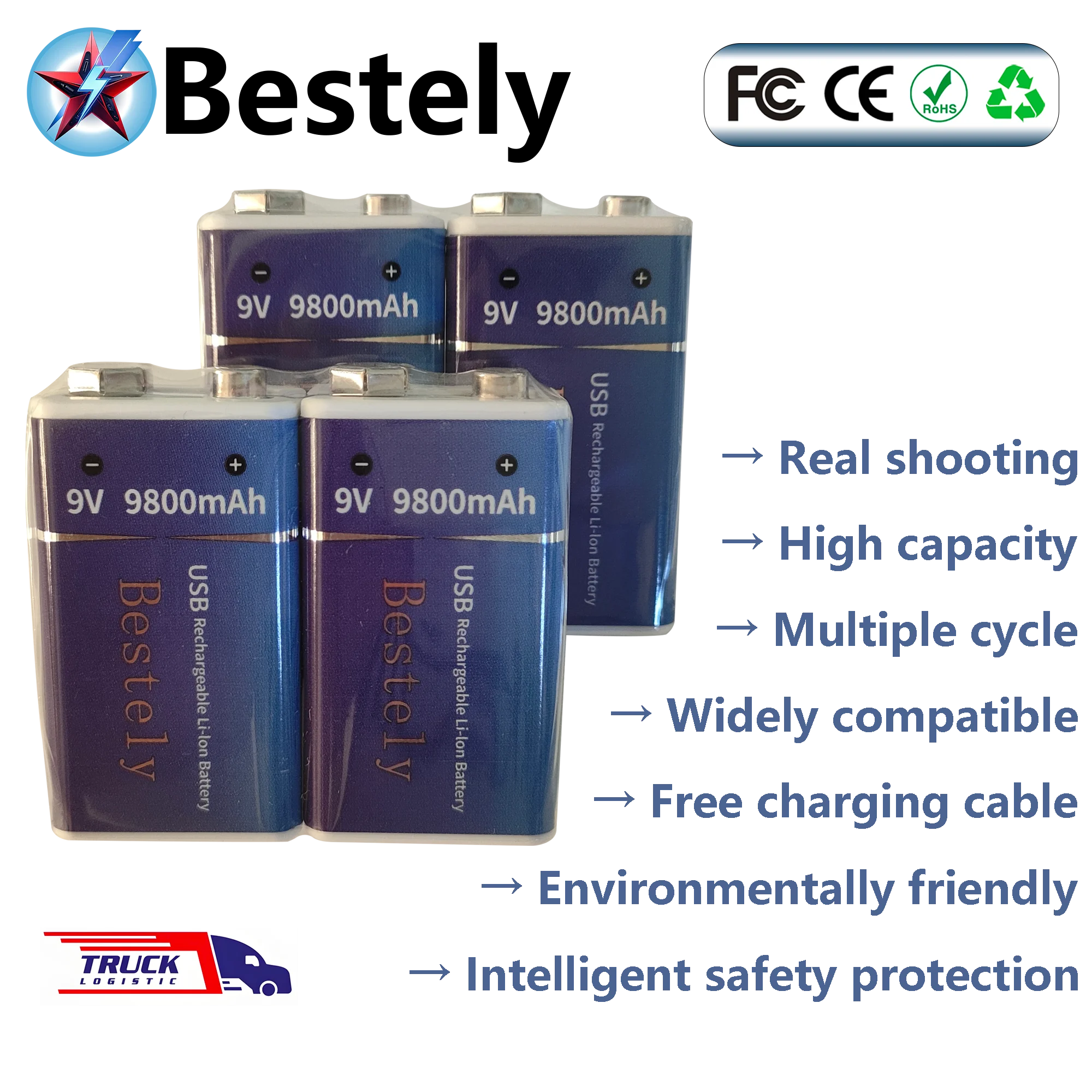 9V Battery Rechargeable  USB-C Charging Lithium Replace 6F22/6LR61 Long lasting for Multimeter/Microphone Smoke Detector