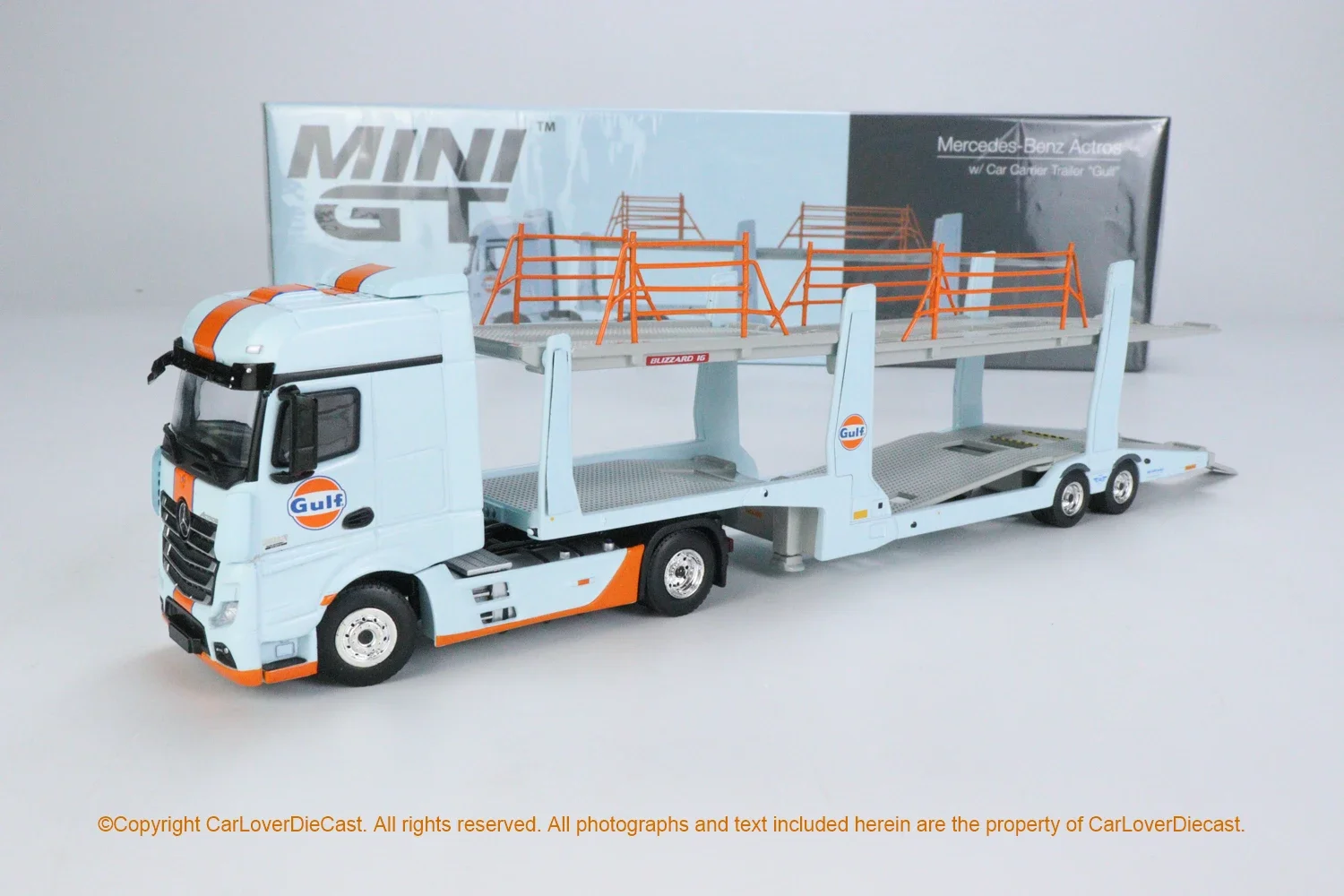 MINIGT 1:64 GULF Benz Actros Car tractor Gulf trailer carrier alloy full open die cast  model, adult decoration,children's gifts