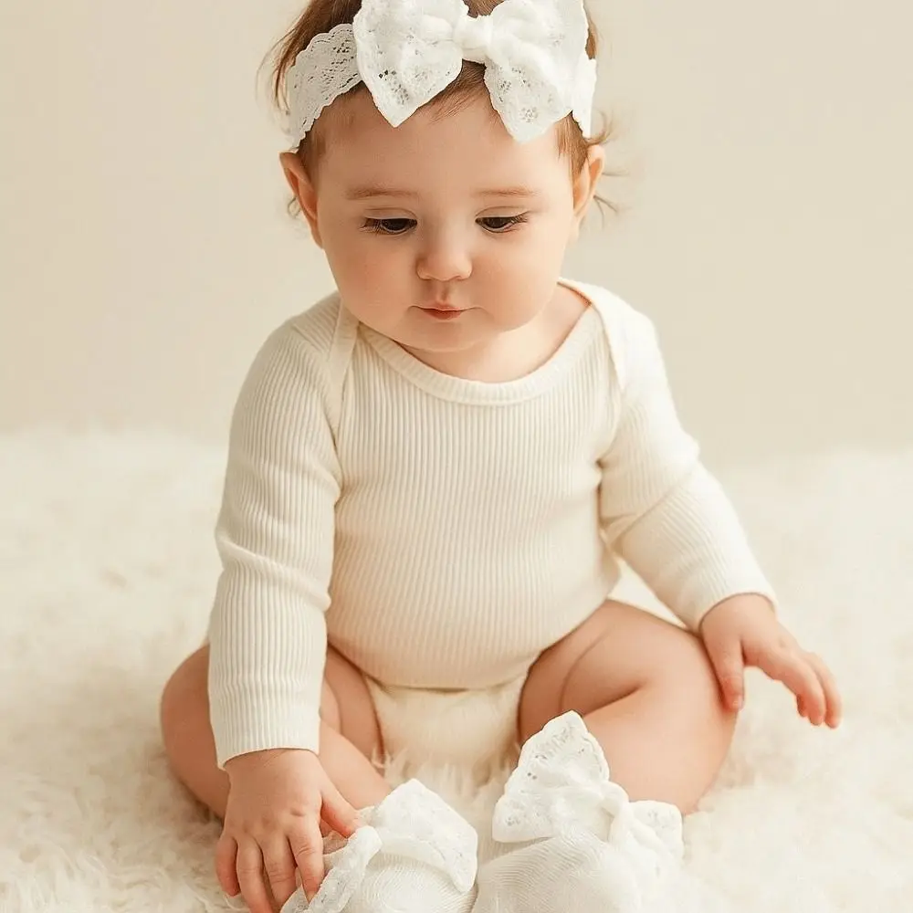 2Set Headwear Lace Bow Baby Headband Socks Set Korean Style Cute Baby Floor Sock Breathable Kawaii Anti Slip Socks 0-12 Months