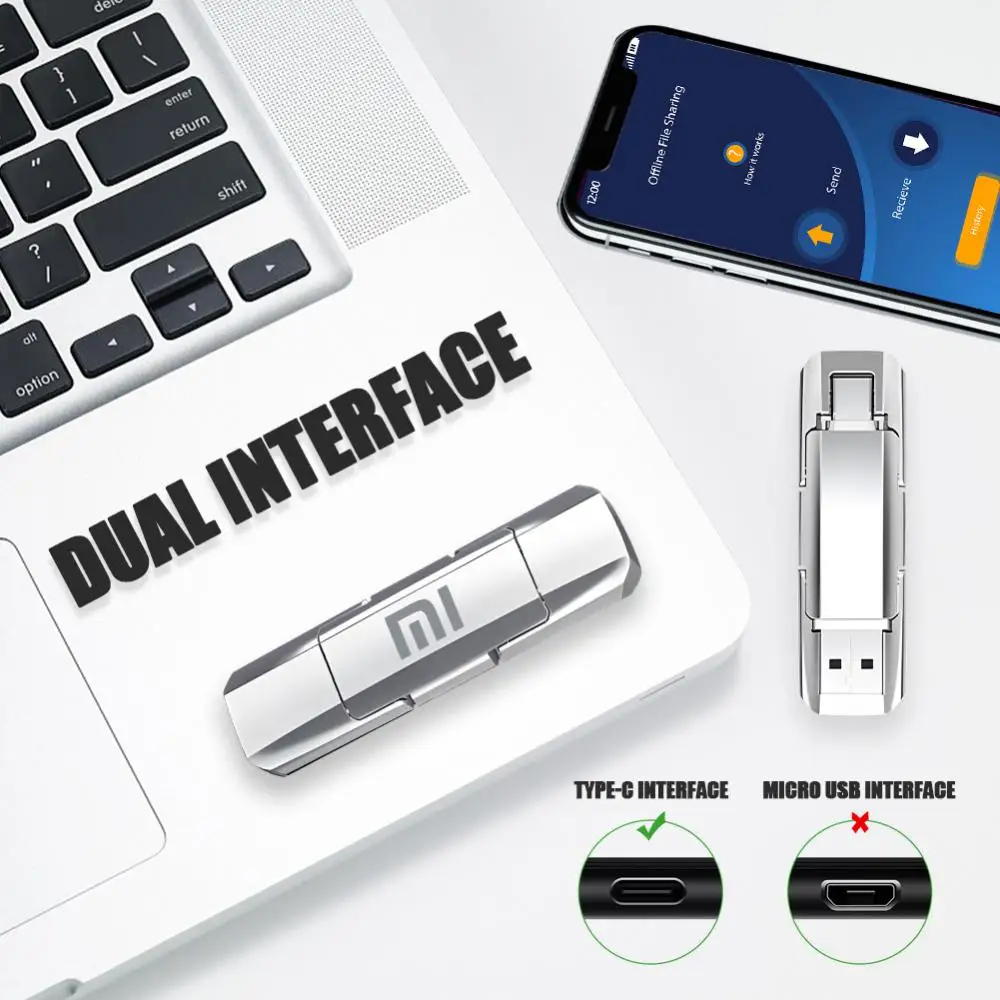 XIAOMI 2TB USB Flash Drive 2 In 1 High Speed Pen Drive 256GB 128GB 1TB OTG Pendrive USB Memory U Stick For Iphone Android Phone