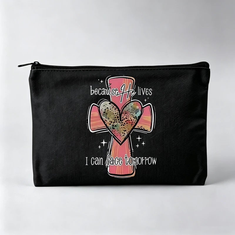 Women's Cross and Heart Graphic Makeup Bag with Typography Print, Casual Cosmetic Pouch for Daily Use