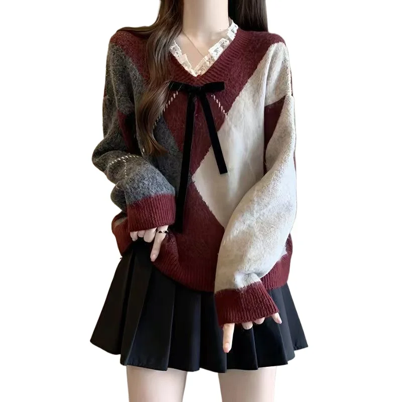 

College Style Rhombus Ankela Red Sweater Women's Autumn and Winter Top V-neck Lace Splicing Unique Chic Knitted Sweater Tide