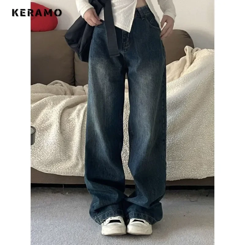 

Korean Vintage Fashion High Waist High Street Style Blue Straight Jeans Women's Pants Wide Leg Baggy Y2K Female Denim Trouser