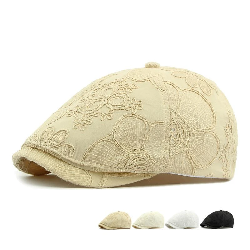 

Spring Summer Women's Beret Hat Embroidered Floral Decoration Textured Design Patchwork Craftsmanship Polyester